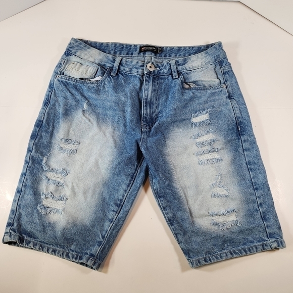SOUTHPOLE Men 34 Denim Shorts Distressed Faded Bleached Destroyed Baggy Long Y2K - Picture 3 of 8